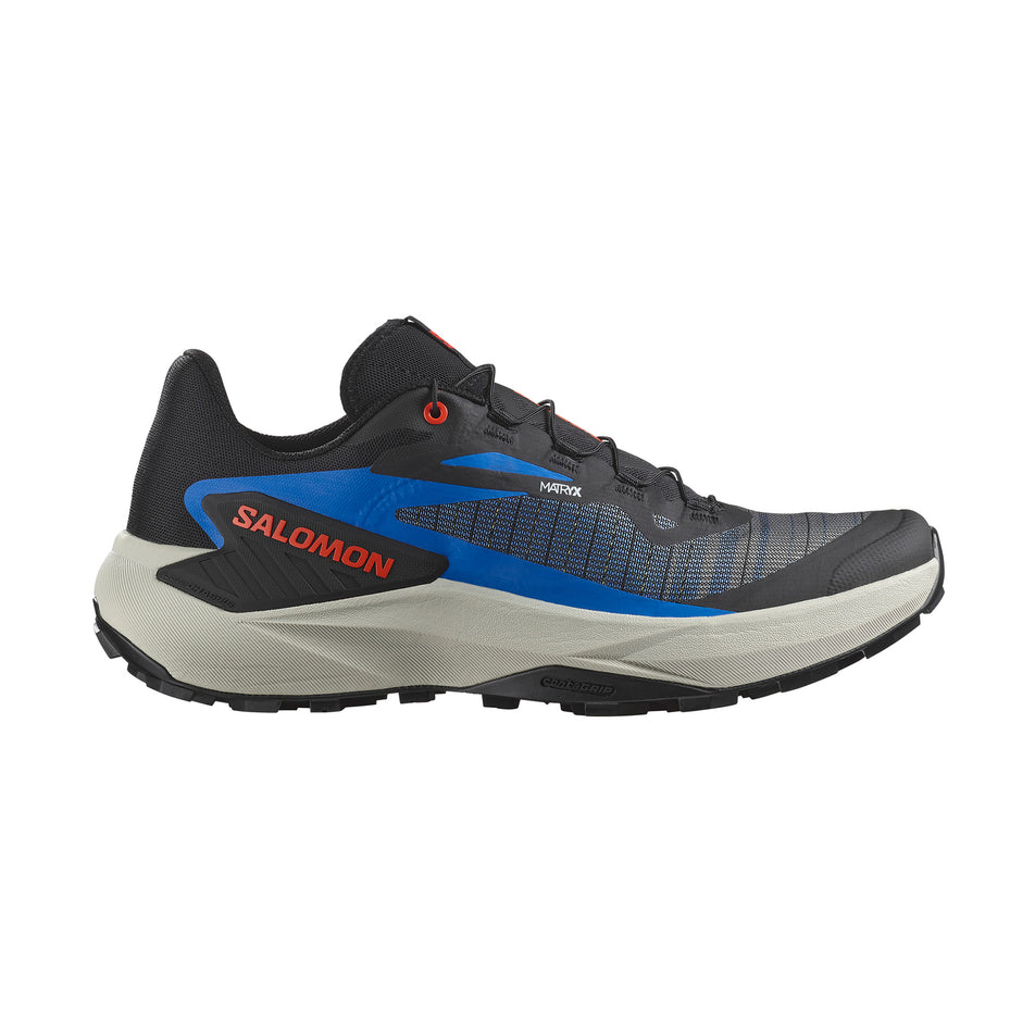 Lateral side of the right shoe from a pair of Salomon Men's Genesis Running Shoes the Black/French Blue/Cherry Tomato colourway. (8560934125730)