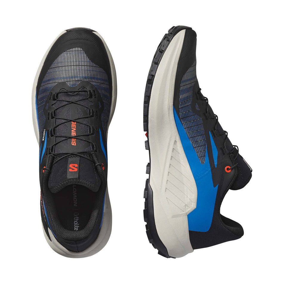 A pair of Salomon Men's Genesis Running Shoes the Black/French Blue/Cherry Tomato colourway.  (8560934125730)