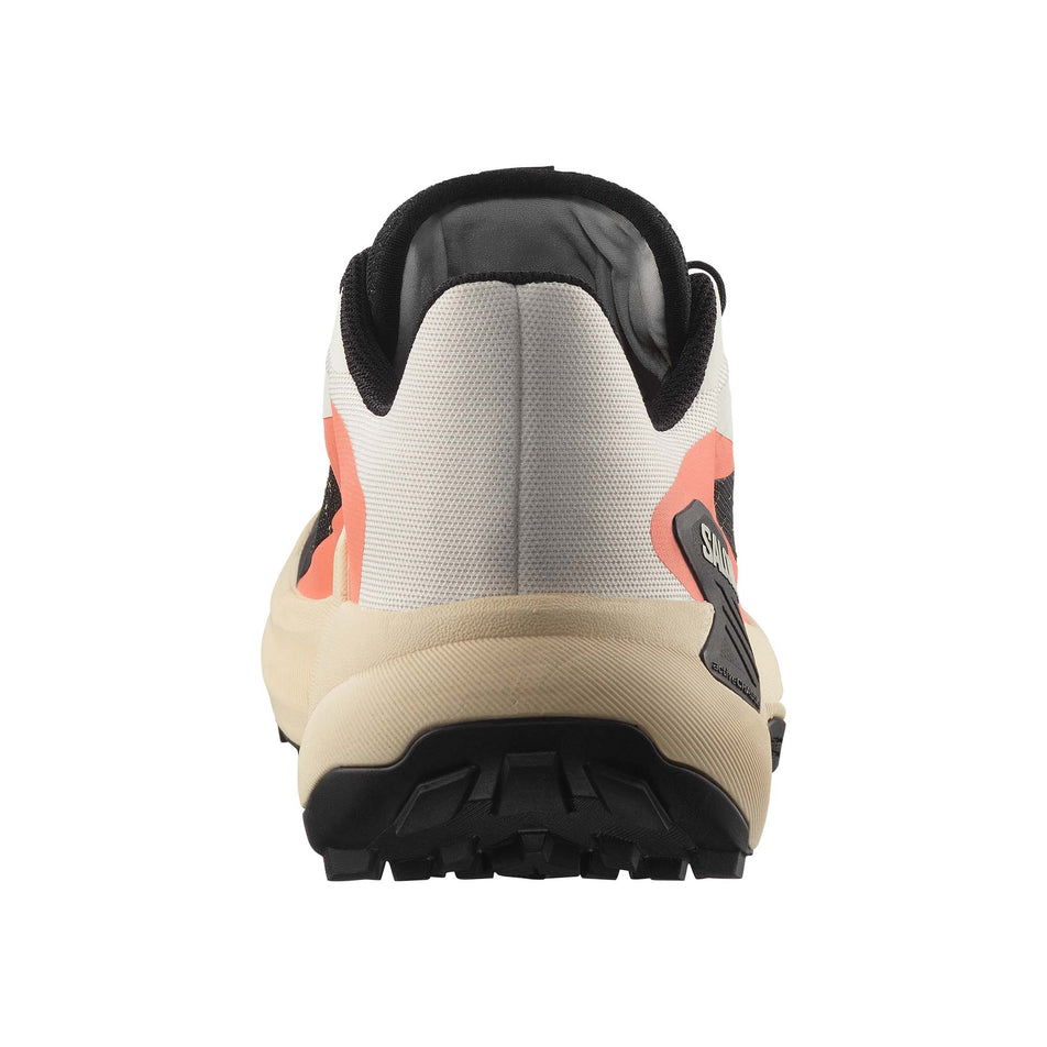 Back of the right shoe from a pair of Salomon Women's Genesis Running Shoes in the Fusion Coral/Tender Peach/Black colourway.  (8561644142754)