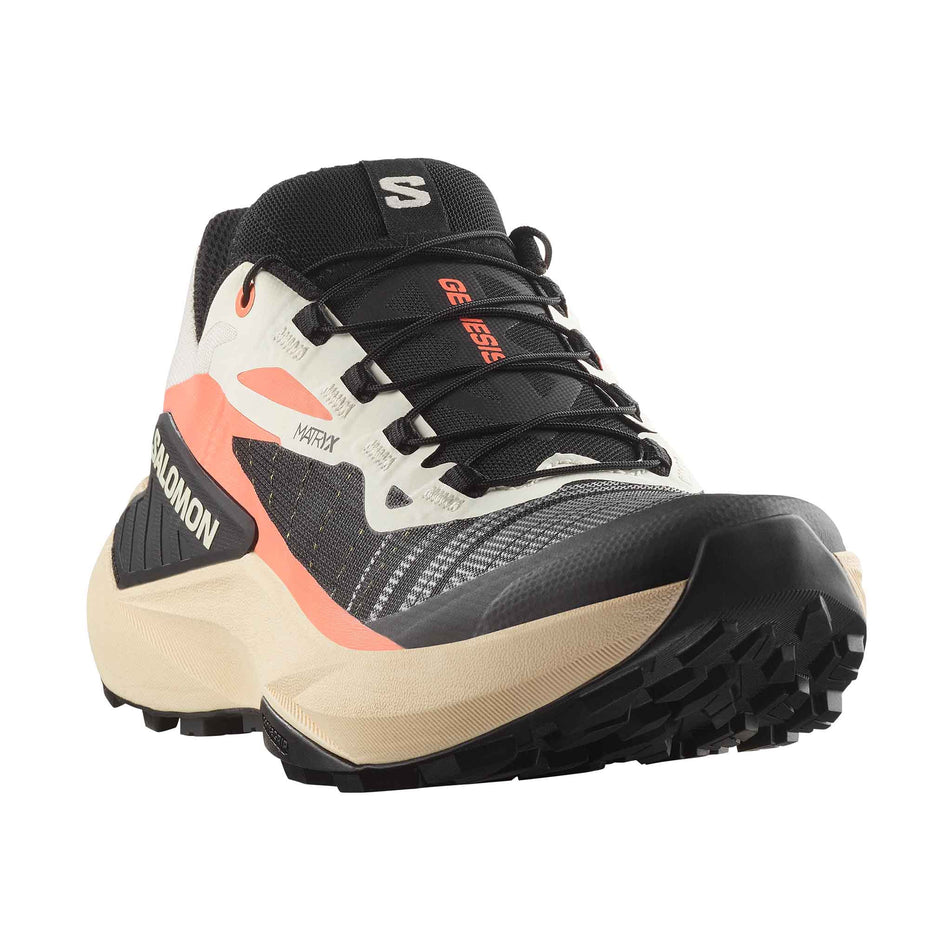 Angled view of the right shoe from a pair of Salomon Women's Genesis Running Shoes in the Fusion Coral/Tender Peach/Black colourway. (8561644142754)