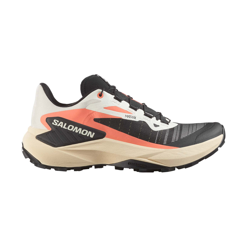 Lateral side of the right shoe from a pair of Salomon Women's Genesis Running Shoes in the Fusion Coral/Tender Peach/Black colourway. (8561644142754)