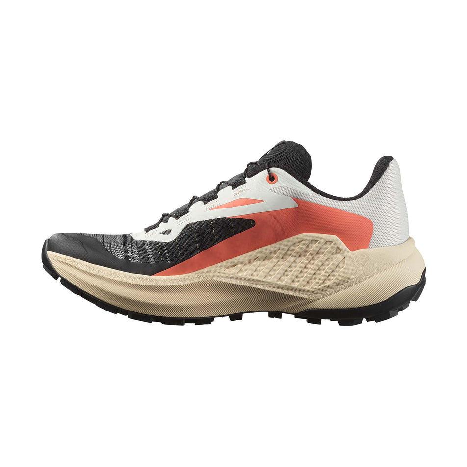 Medial side of the right shoe from a pair of Salomon Women's Genesis Running Shoes in the Fusion Coral/Tender Peach/Black colourway. (8561644142754)