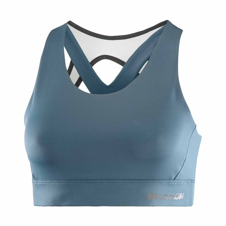 Front view of a Salomon Women's Cross Run Sports Bra in the Midnight Navy/Deep Black colourway (8463080816802)