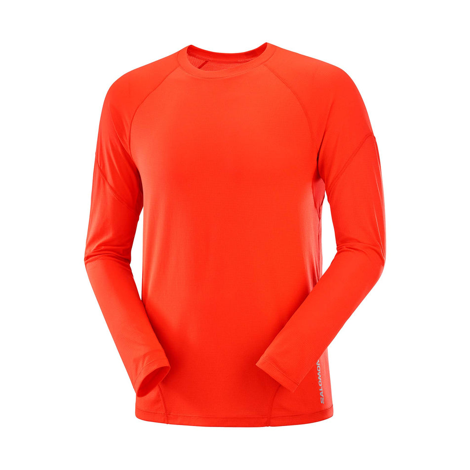 Front view of a Salomon Men's Cross Run Long Sleeve T-Shirt in the Cherry Tomato colourway. (8467287179426)