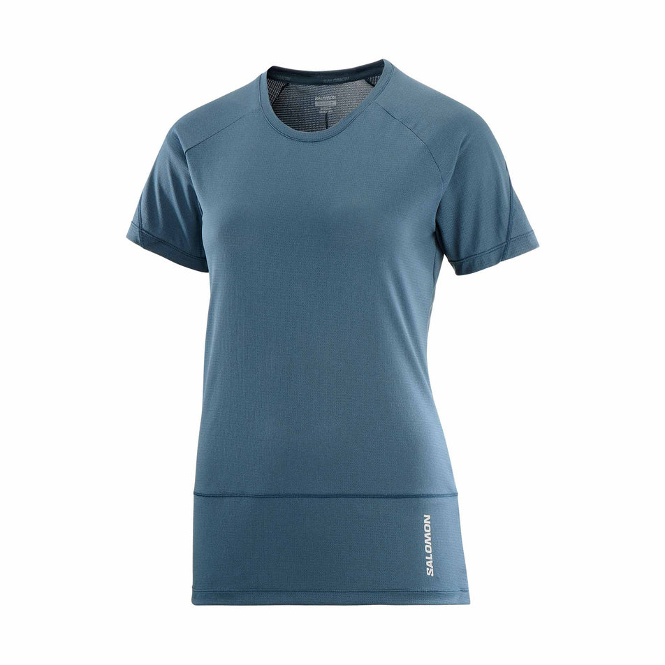 Front view of a Salomon Women's Cross Run Short Sleeve T-Shirt in the Midnight Navy colourway. (8464204693666)