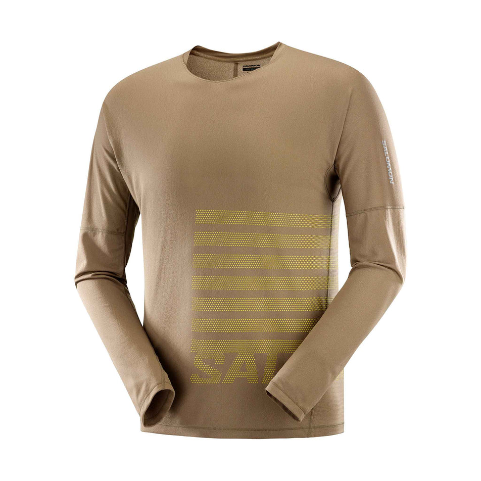 Front view of the Salomon Men's Sense Aero Graphic Long-Sleeve T-Shirt in the Shitake/Sulphur Spring colourway. (8509586014370)