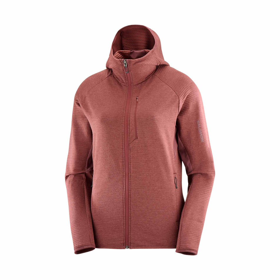 Front view of the Salomon Women's Essential Lightwarm Midlayer Jacket Hoodie in the Rum Raisin colourway. (8509527097506)