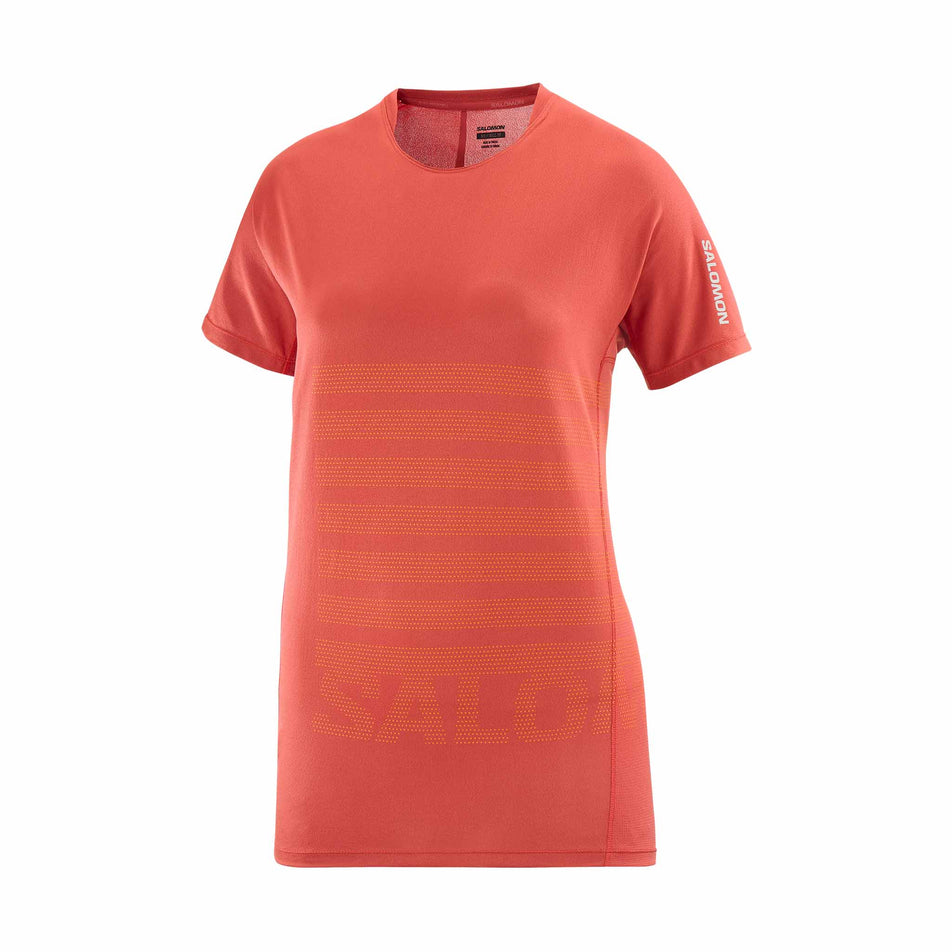 Front view of the Salomon Women's Sense Aero Graphic Short Sleeve T-Shirt in the Tandoori Spice/Shocking Orange colourway. (8464135618722)