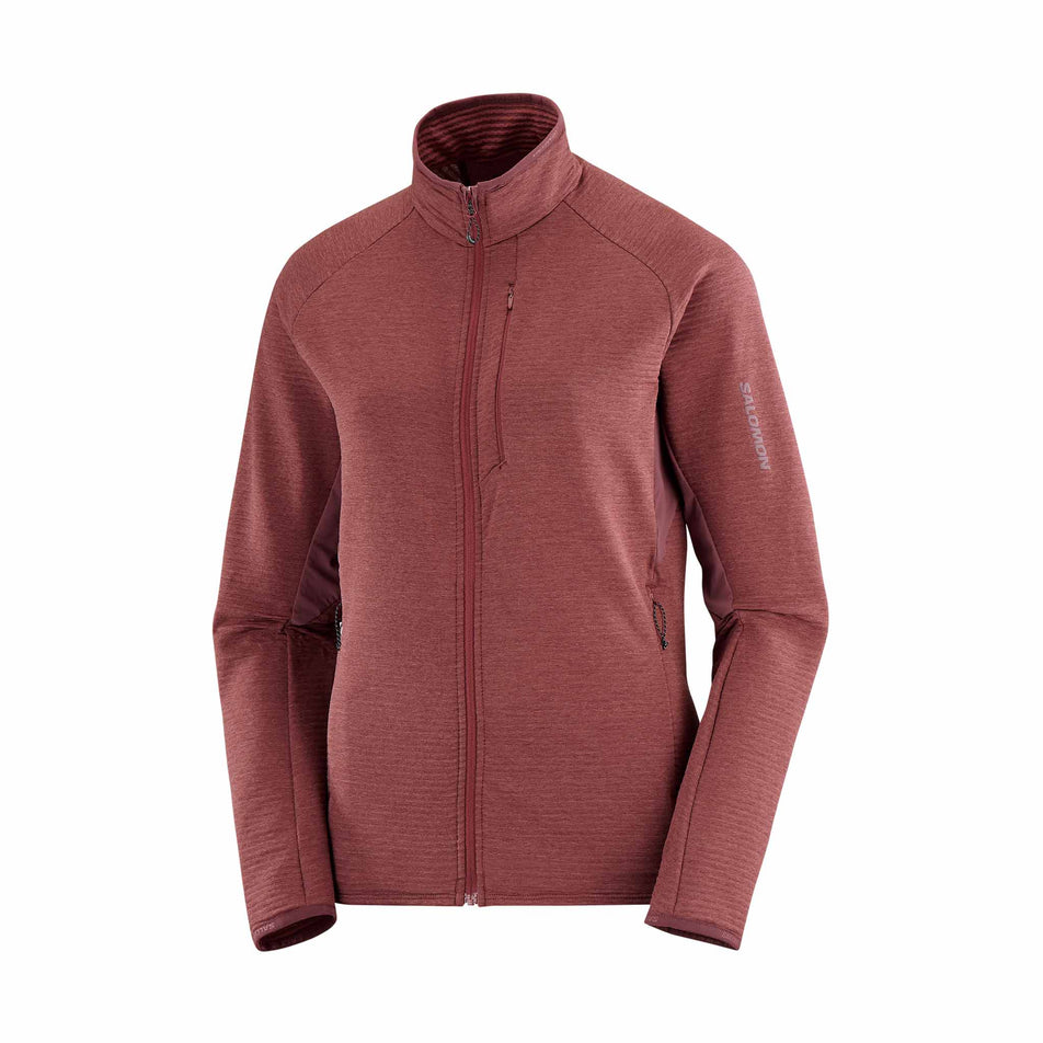 Front view of the Salomon Women's Essential Lightwarm Full Zip Midlayer Jacket in the Rum Raisin colourway.  (8509475389602)