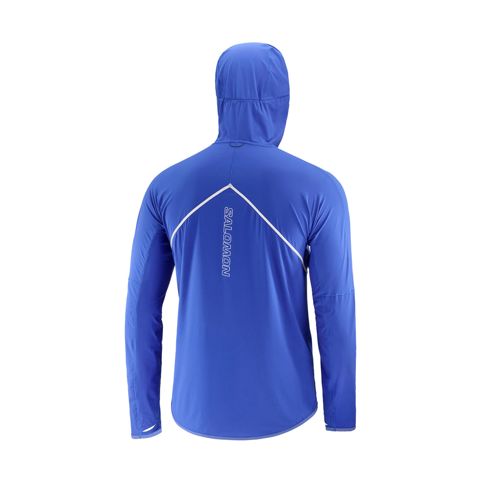 Back view of a Salomon Men's Sense Aero Hybrid Midlayer Jacket with hood in the Surf The Web colourway. (8464251617442)