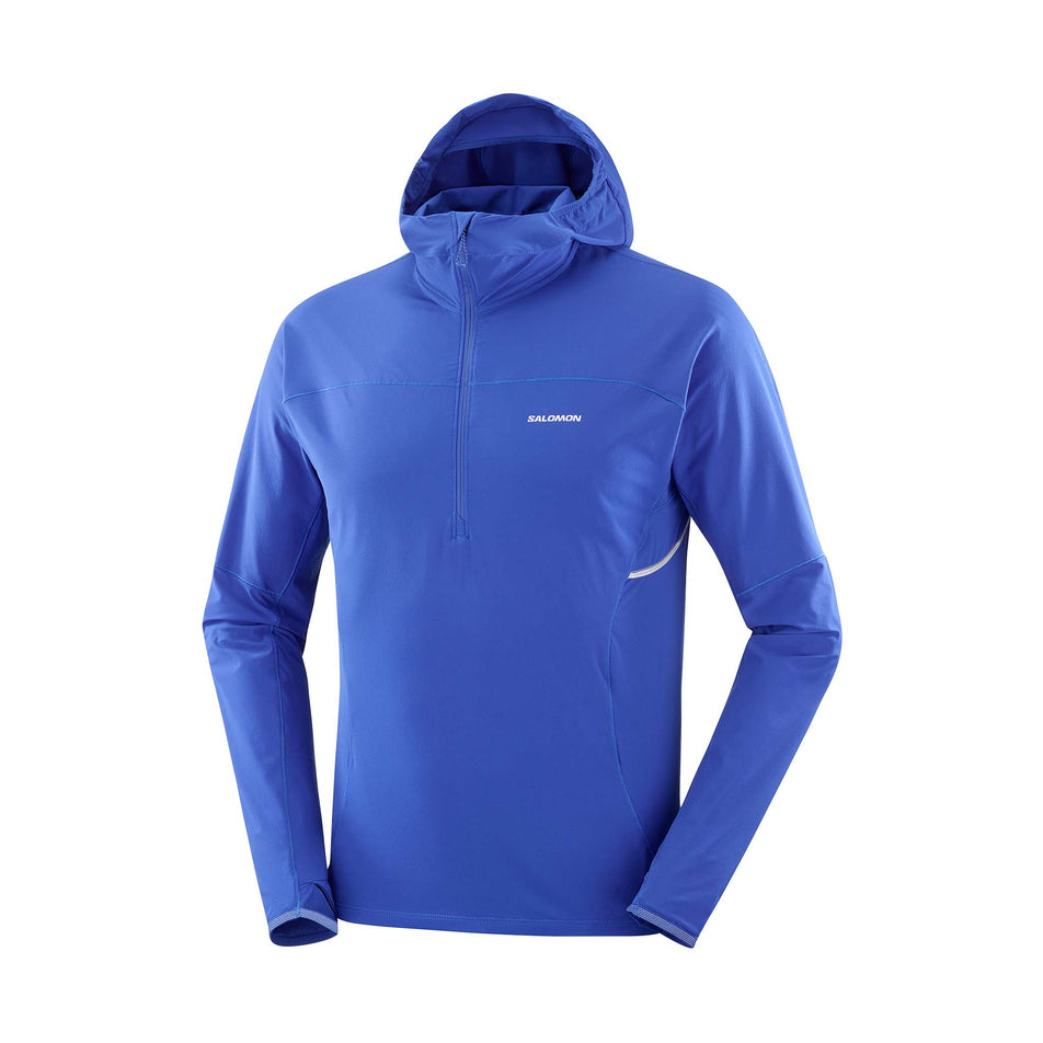 Front view of a Salomon Men's Sense Aero Hybrid Midlayer Jacket with hood in the Surf The Web colourway. (8464251617442)