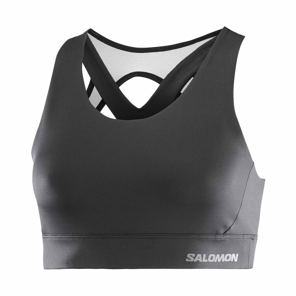 Front view of a Salomon Women's Cross Run Sports Bra in the Deep Black colourway. (8464178086050)