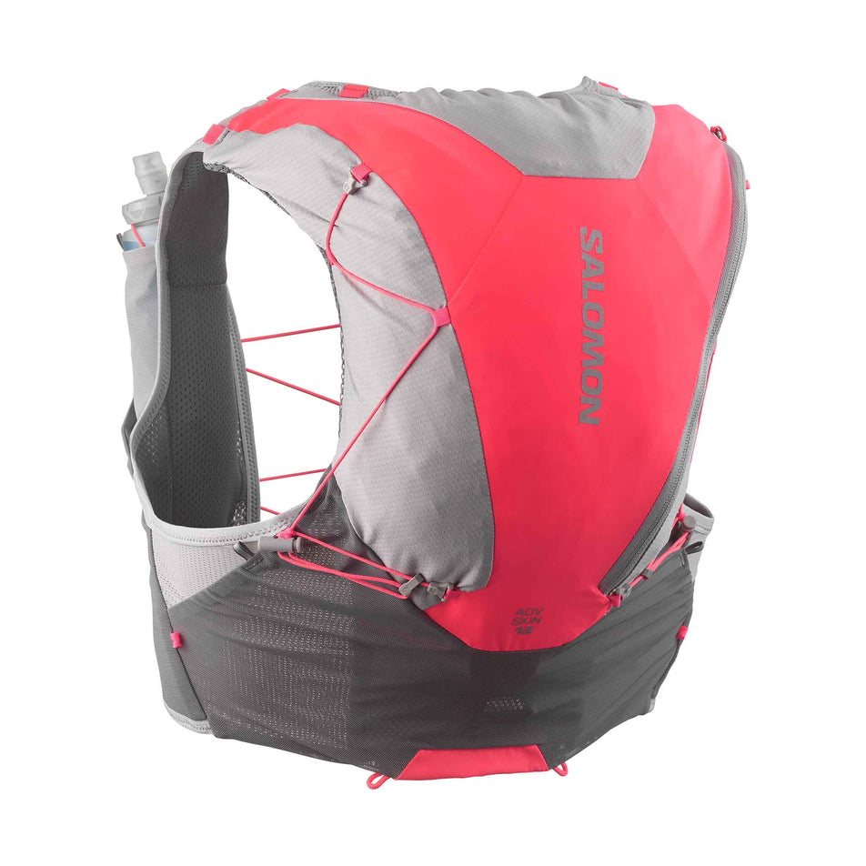 Back view of the Salomon Unisex ADV Skin 12 Running Vest with flasks included in the Castlerock/Alloy/Neon Flame colourway. (8575889670306)