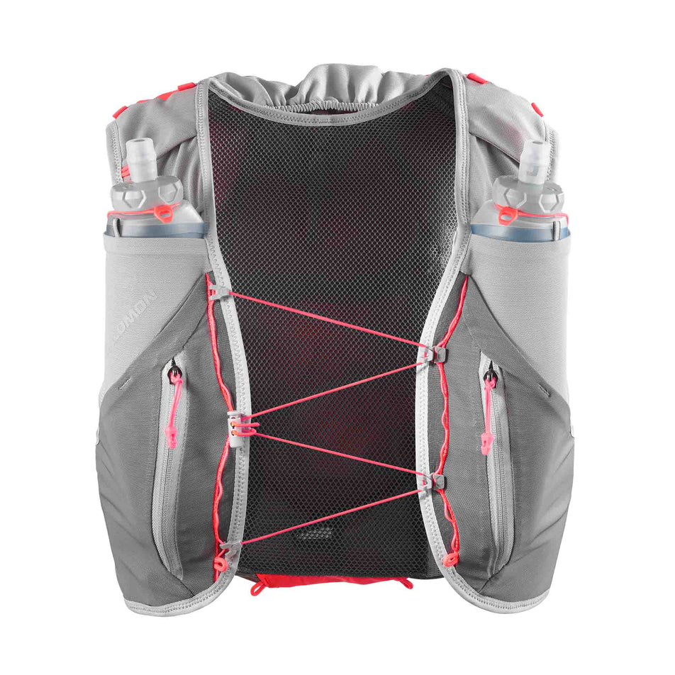 Front view of the Salomon Unisex ADV Skin 12 Running Vest with flasks included in the Castlerock/Alloy/Neon Flame colourway. (8575889670306)