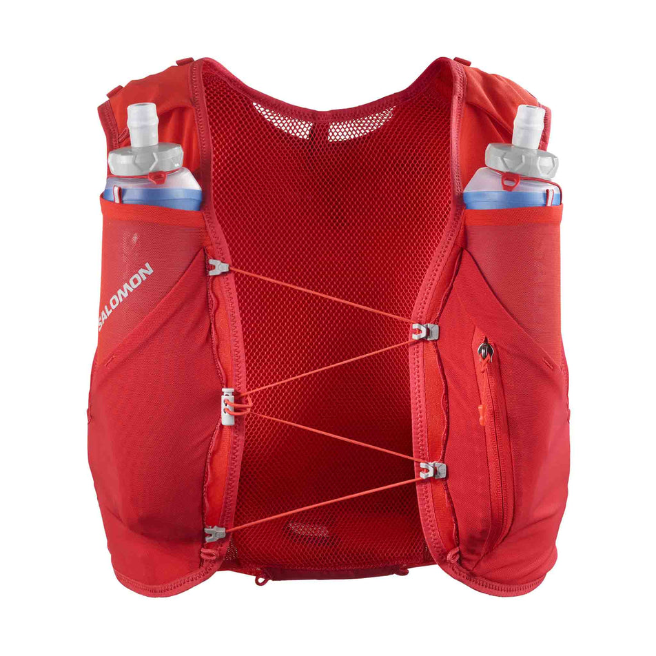 Front view of the Salomon Unisex ADV Skin 5 Running Vest with flasks included in the Flame Scarlet/Haute Red colourway. (8575895306402)