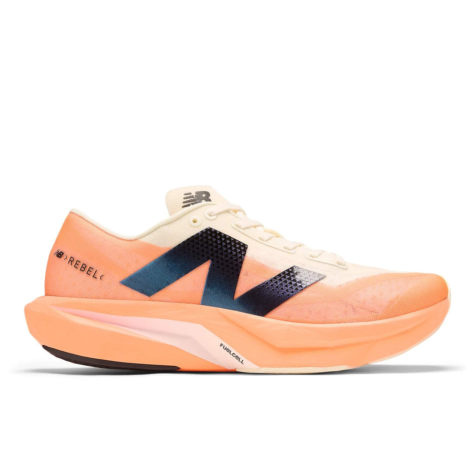 Lateral side of the right shoe from a pair of New Balance Men's FuelCell Rebel V4 Running Shoes in the Hot Mango colourway. (8570000507042)