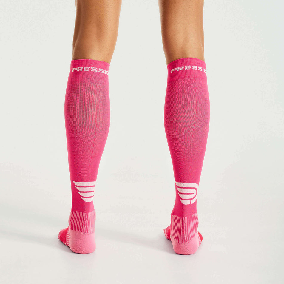 Back view of a model wearing the Pressio Unisex EQ Compression Socks in the Pink/Red colourway.  (8341600632994)