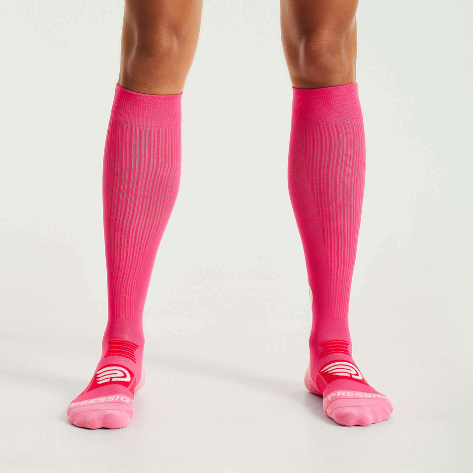 Front view of a model wearing the Pressio Unisex EQ Compression Socks in the Pink/Red colourway.  (8341600632994)