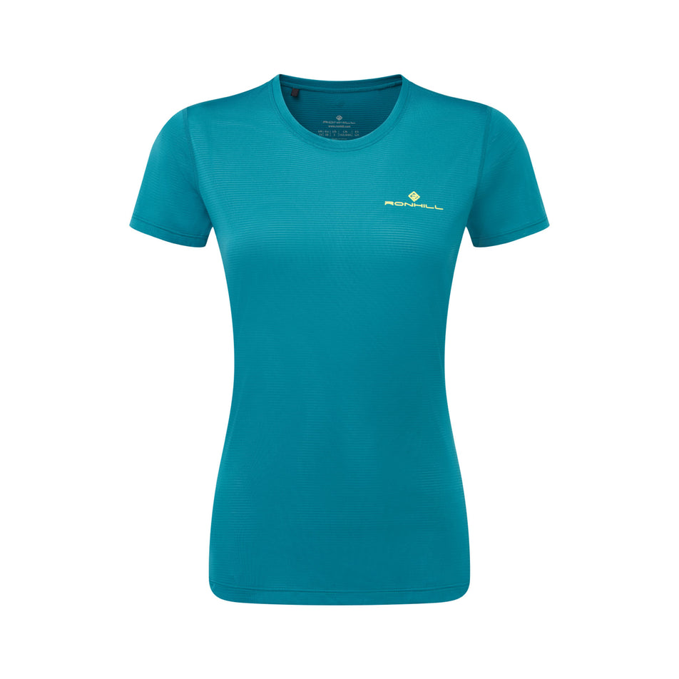 Front view of the Ronhill Women's Tech S/S Tee in the Marine/Acid colourway.  (8490105634978)