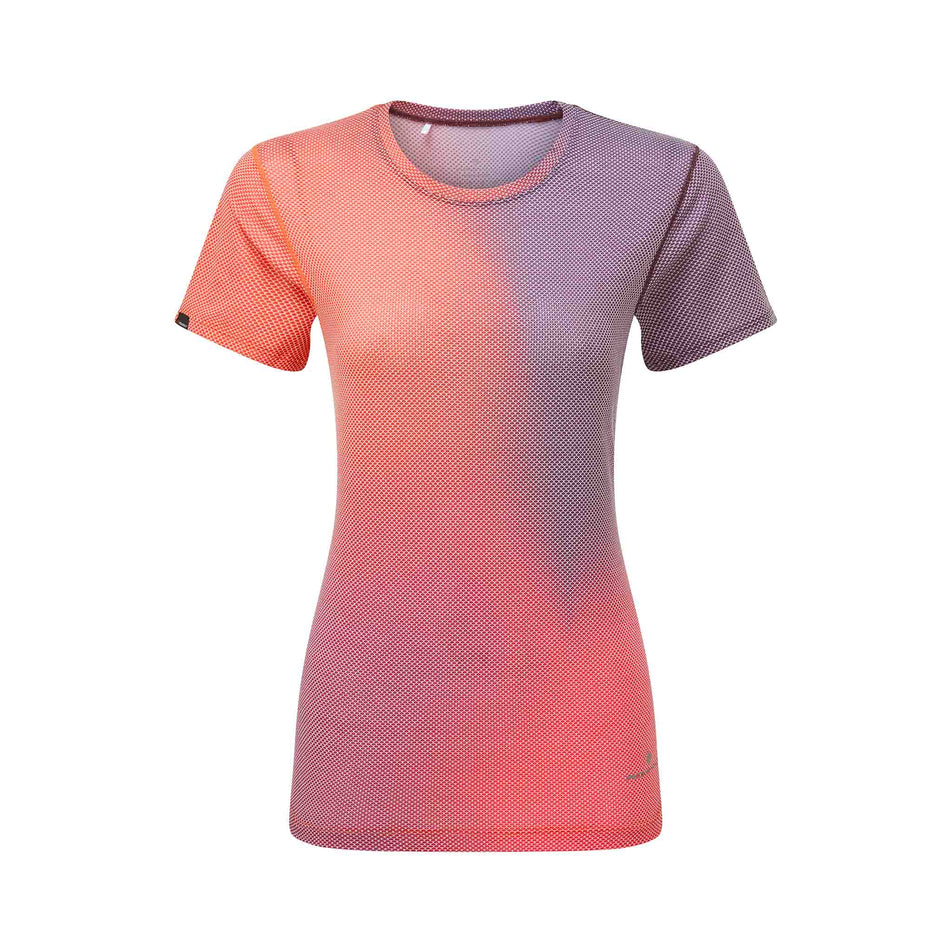 Front view of a Ronhill Women's Tech Golden Hour Tee in the Damson/Sunset Merge colourway.  (8563589709986)