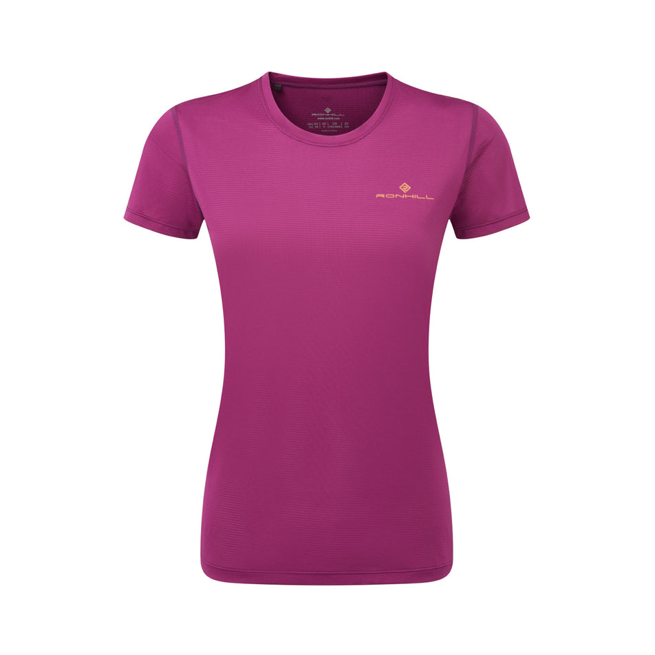 Front view of the Ronhill Women's Tech S/S Tee in the Blackcurrant/Mango colourway. (8490111729826)