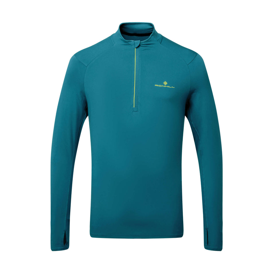 Front view of a Ronhill Men's Core Thermal 1/2 Zip in the Deep Teal/Acid colourway. (8470840705186)