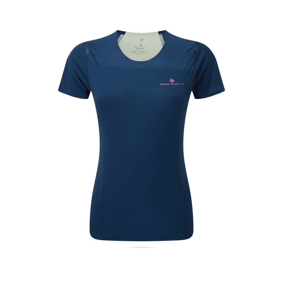 Front of a Ronhill Women's Tech Race S/S Tee in the Dark Navy/Honeydew colourway (8270470578338)