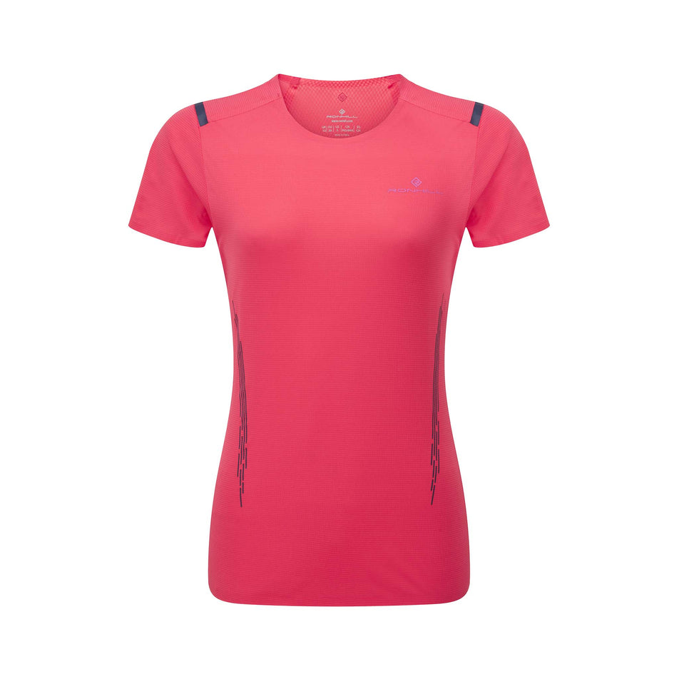 Front view of a Ronhill Women's Tech Race S/S Tee in the Sunset/Razzmatazz colourway. (8563587514530)