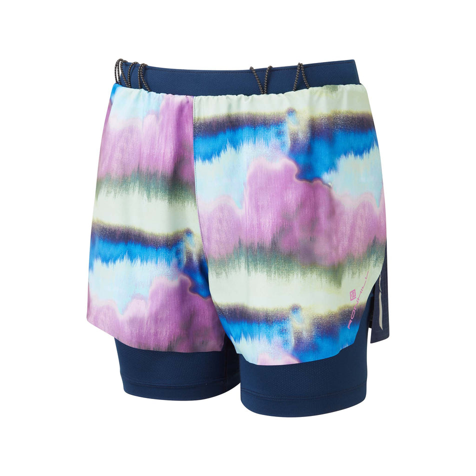 Front view of the Ronhill Women's Tech Race Twin Short in the Dark Navy/Multi Mirage colourway (8270480572578)