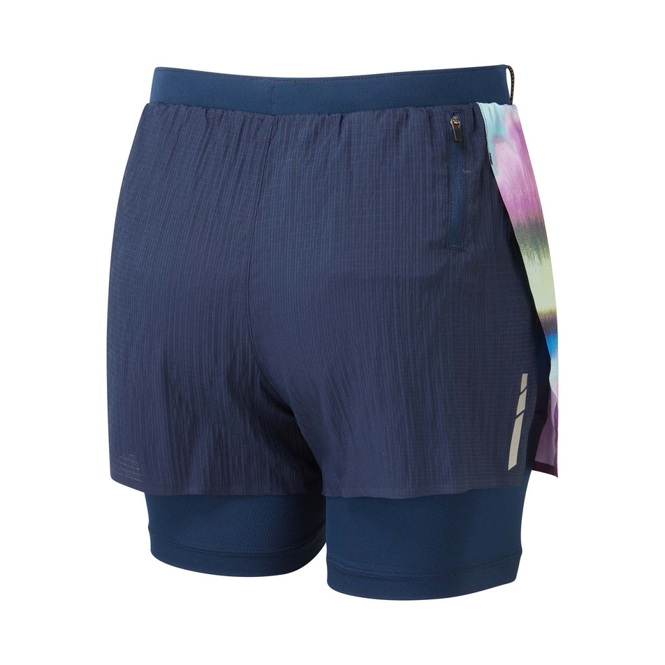 Back view of the Ronhill Women's Tech Race Twin Short in the Dark Navy/Multi Mirage colourway (8270480572578)