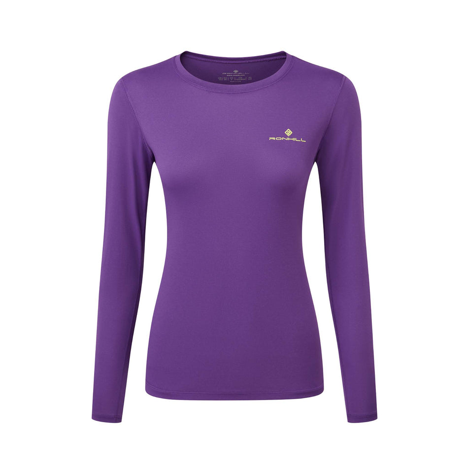 Front view of a Ronhill Women's Core L/S Tee in the Regal Purple/Acid colourway. (8469578776738)