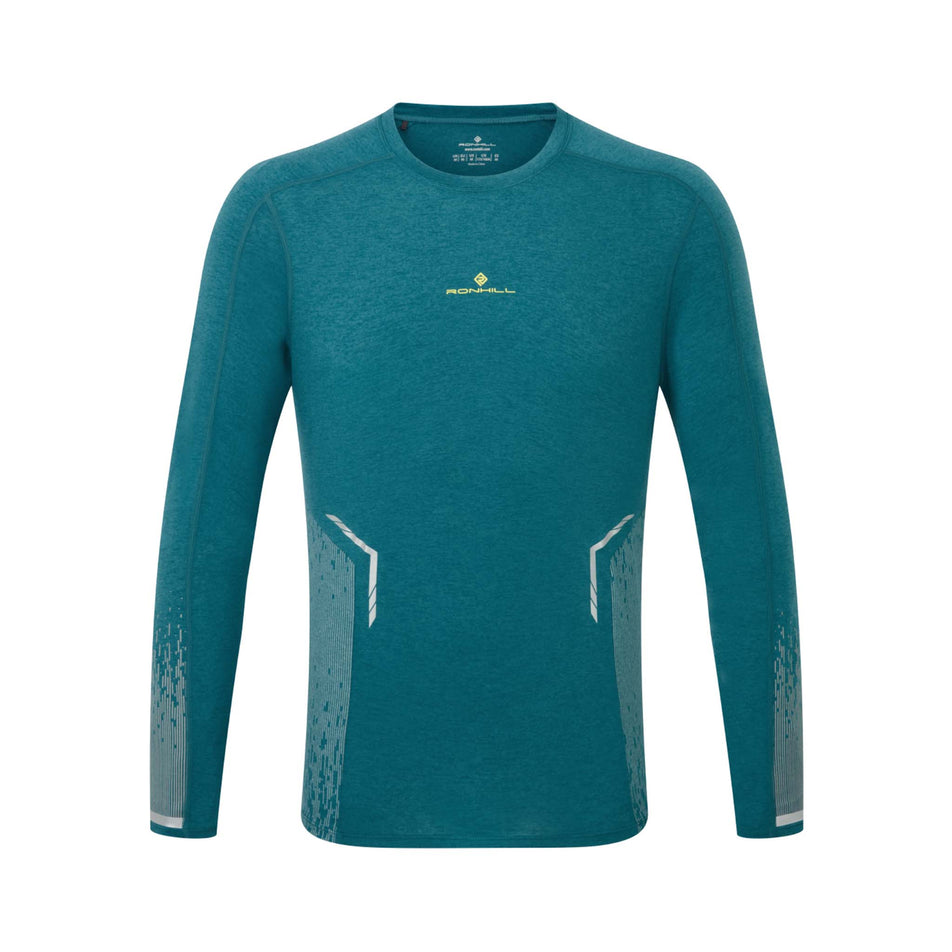 Front view of a Ronhill Men's Tech Reflect L/S Tee in the Deep Teal/Reflect colourway. (8490211573922)