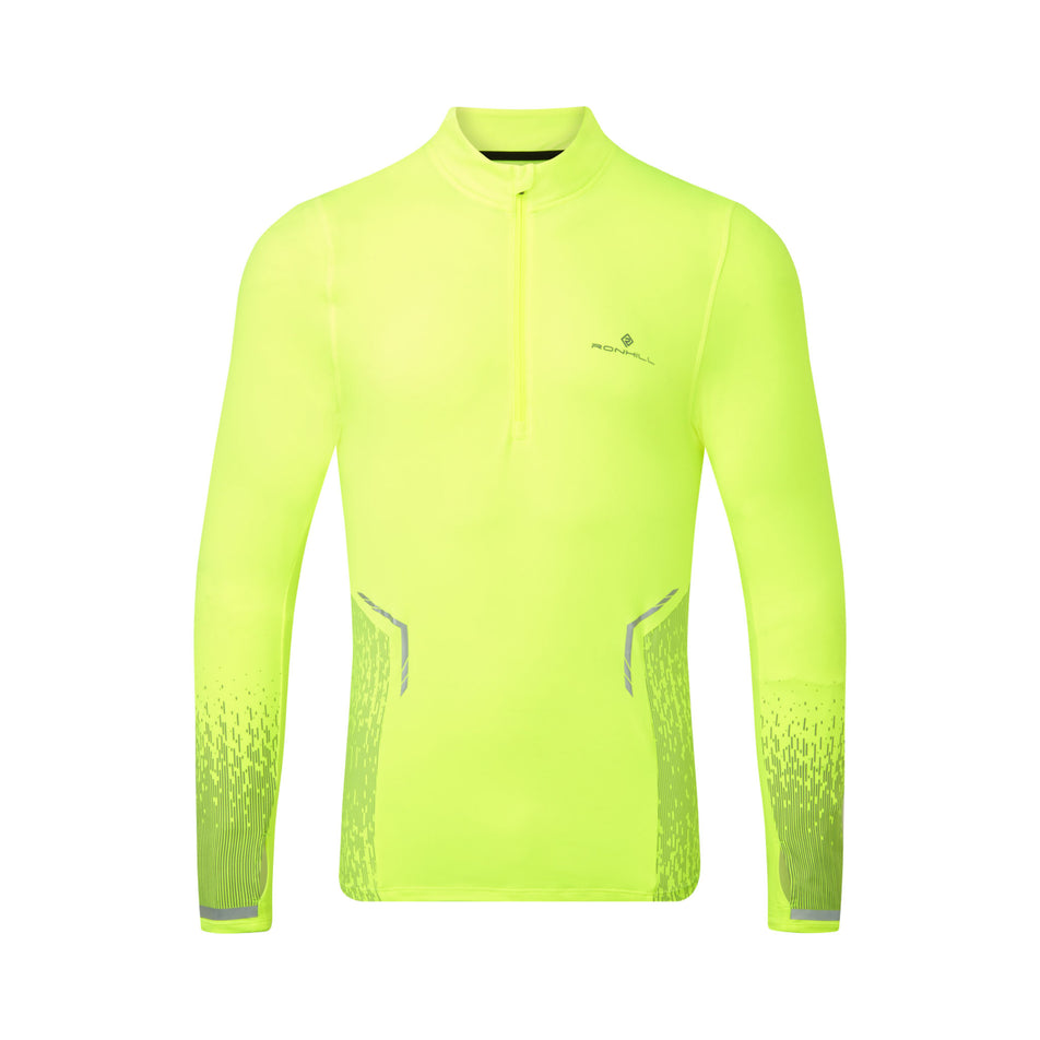 Front view of a Ronhill Men's Tech Reflect 1/2 Zip in the Fluo Yellow/Reflect colourway.  (8469627207842)