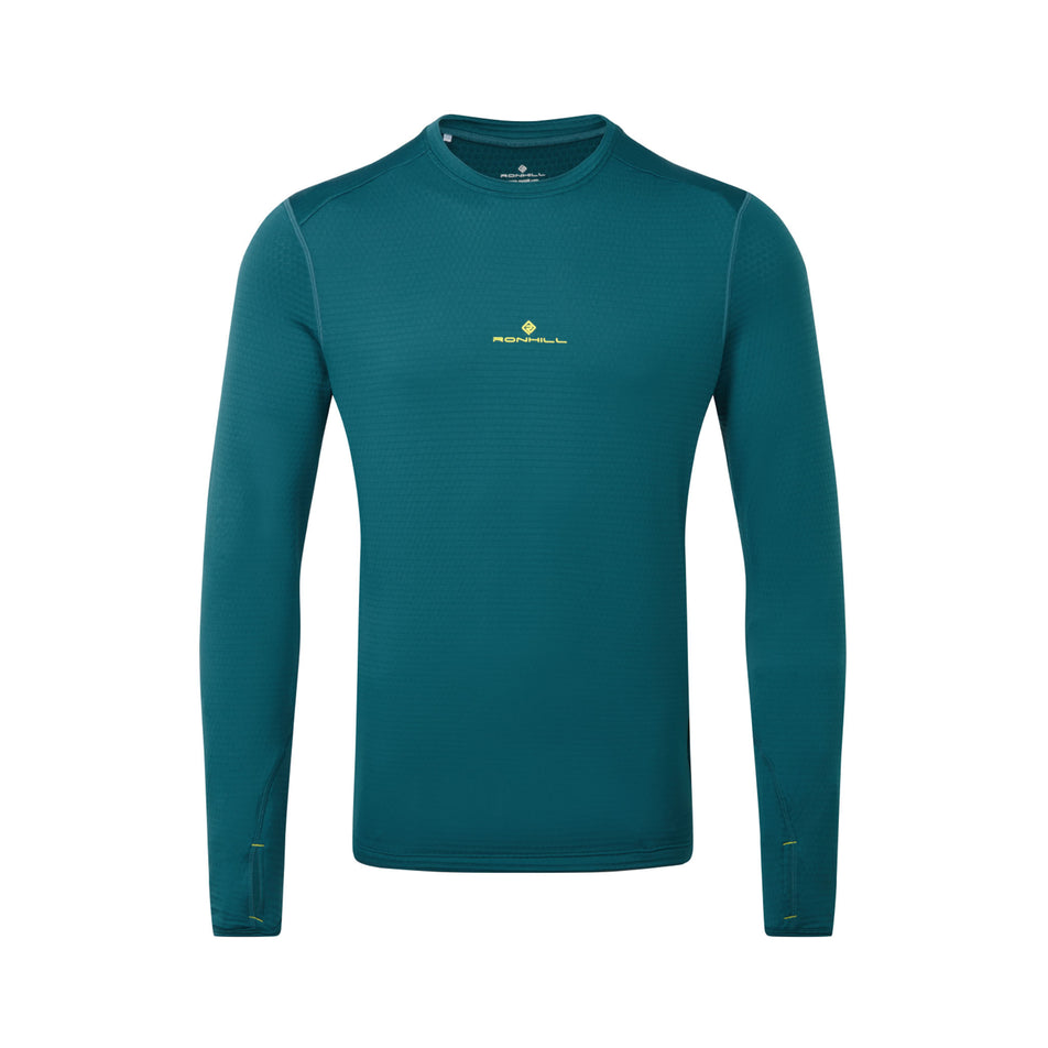 Front view of a Ronhill Men's Tech Winter Crew in the Deep Teal/Acid colourway. (8490264068258)