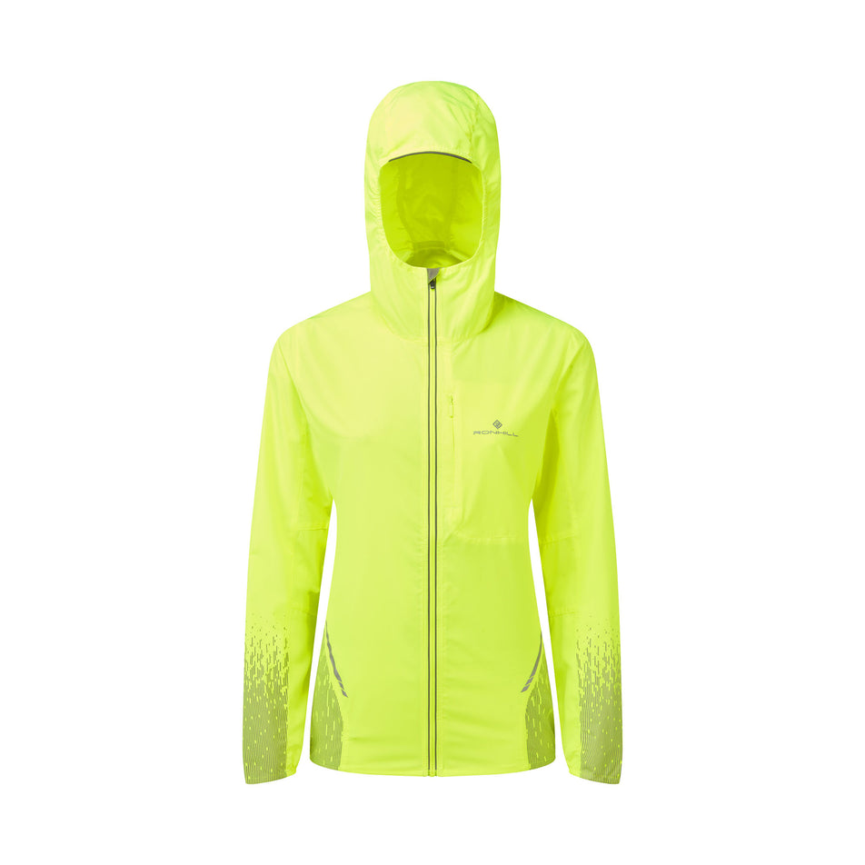 Front view of a Ronhil Women's Tech Reflect Jacket in the Fluo Yellow/Reflect colourway. (8468472463522)