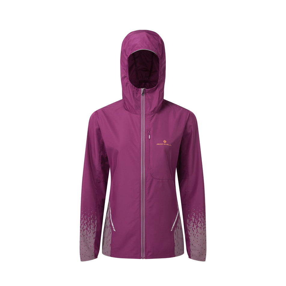 Front view of a Ronhill Women's Tech Reflect Jacket in the Blackcurrant/Reflect colourway. (8489670607010)