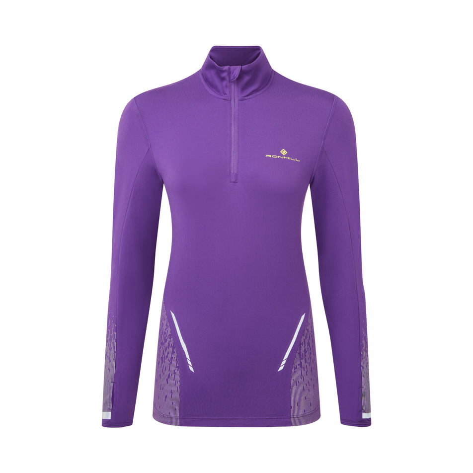 Front view of a Ronhill Women's Tech Reflect 1/2 Zip in the Regal Purple/Reflect colourway. (8489687449762)