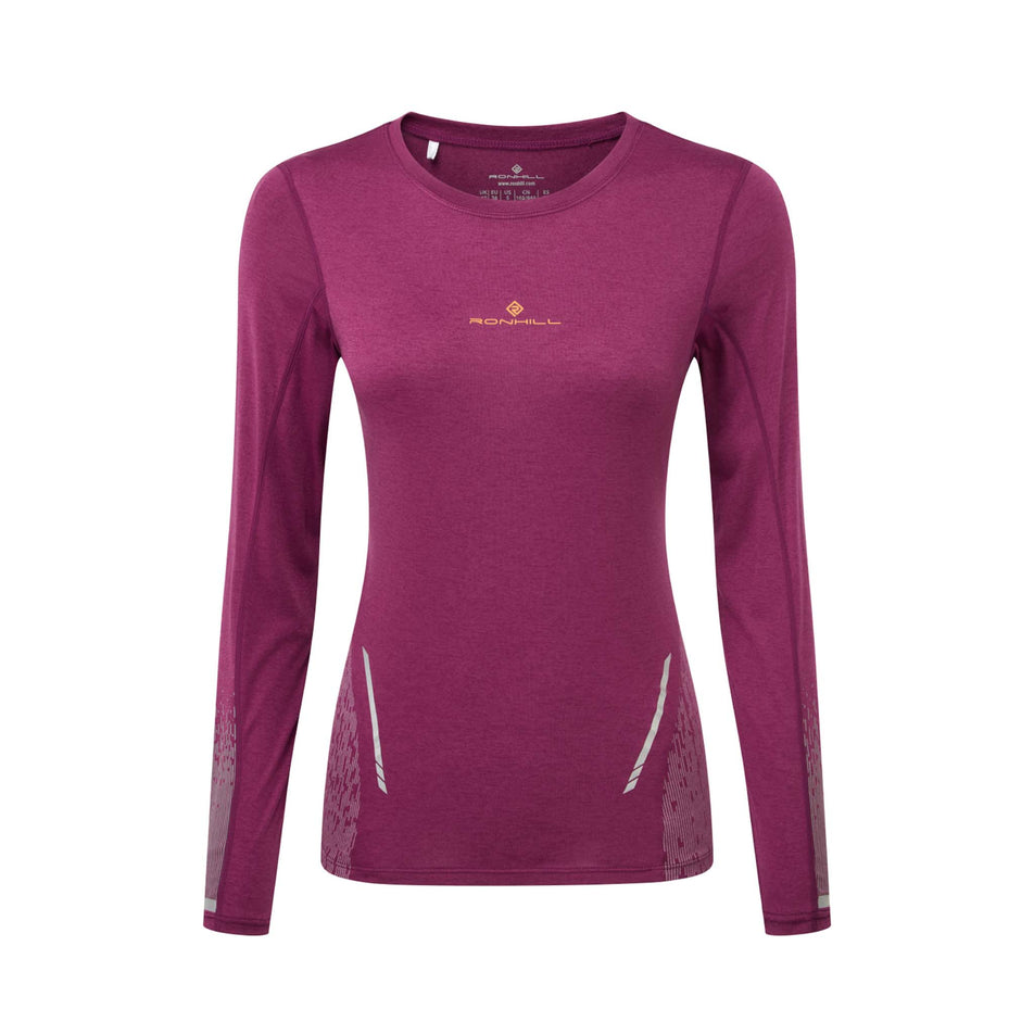 Front view of a Ronhill Women's Tech Reflect L/S Tee in the Blackcurrant/Reflect colourway.  (8489740435618)