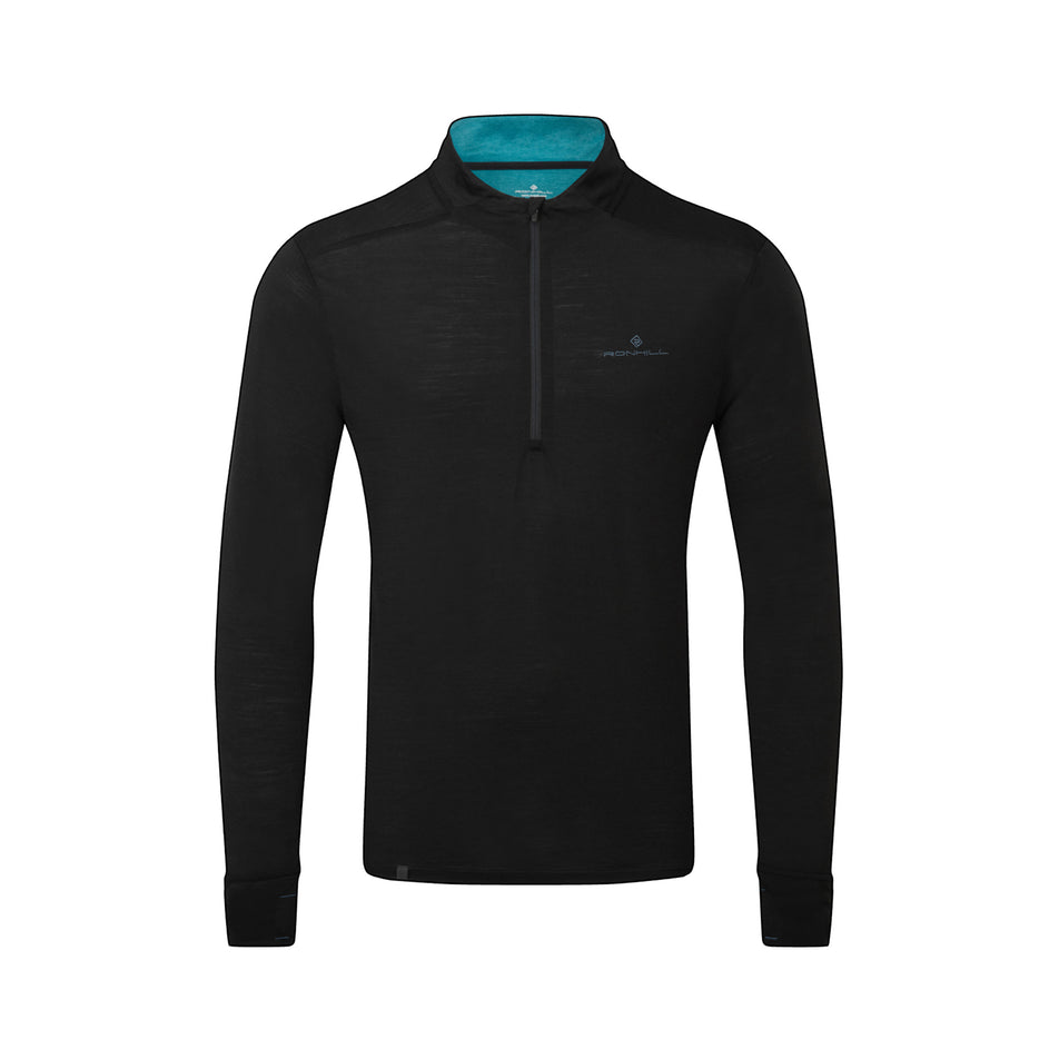 Front view of the Ronhill Men's Tech Merino 1/2 Zip in the Black/Lake colourway. (8490269573282)