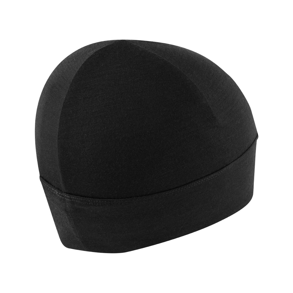 Back view of a Ronhill Unisex Merino Beanie in the Black/Lake colourway. (8489173745826)