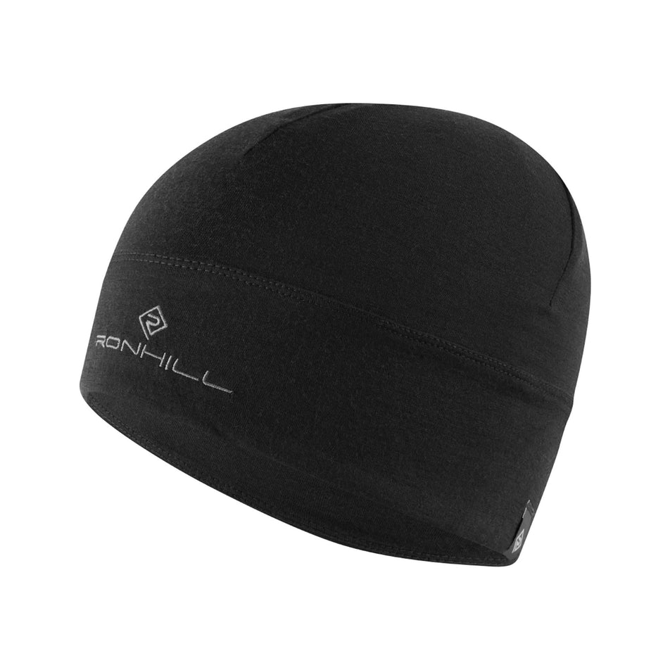 Front view of a Ronhill Unisex Merino Beanie in the Black/Lake colourway. (8489173745826)