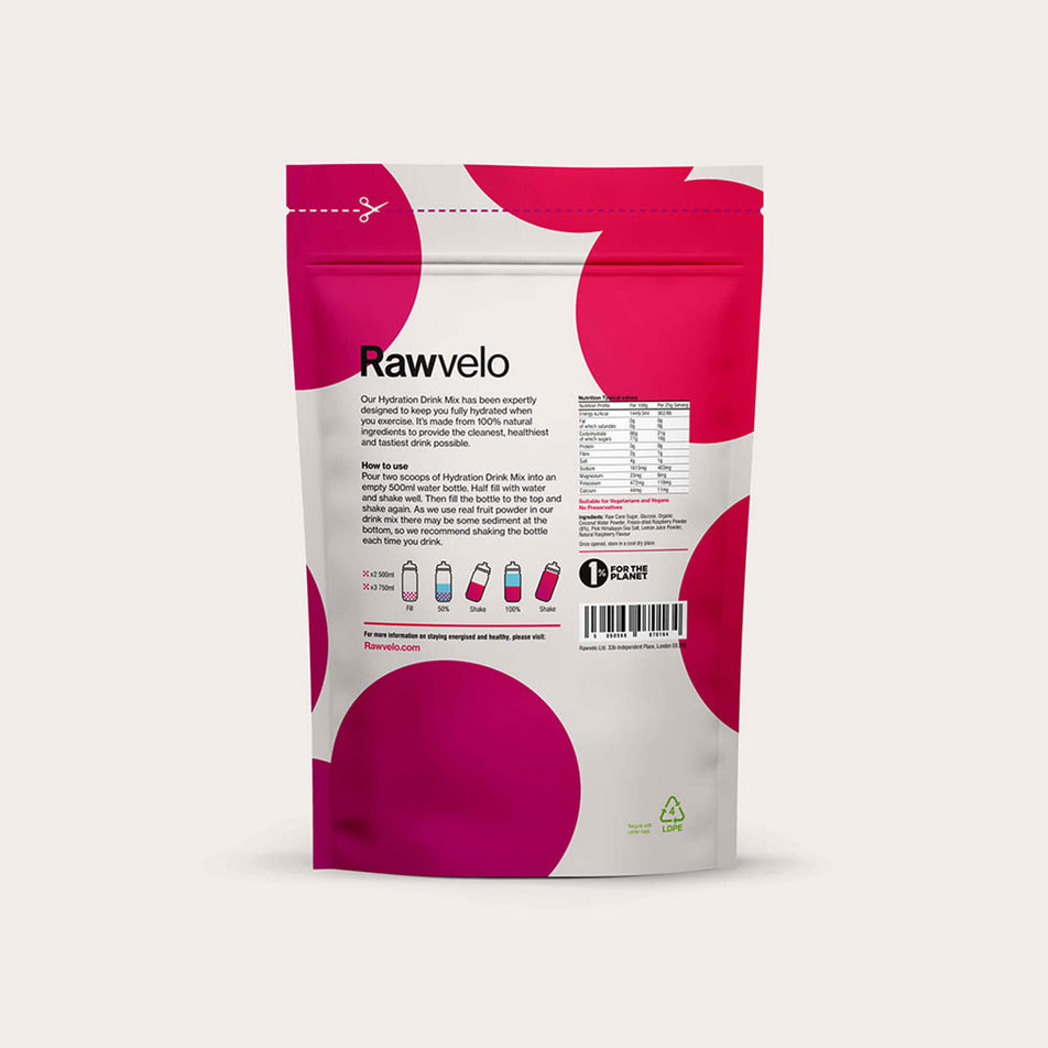 Back of a Rawvelo Hydration Drink Mix 400g Pouch - Raspberry flavour (8482653536418)