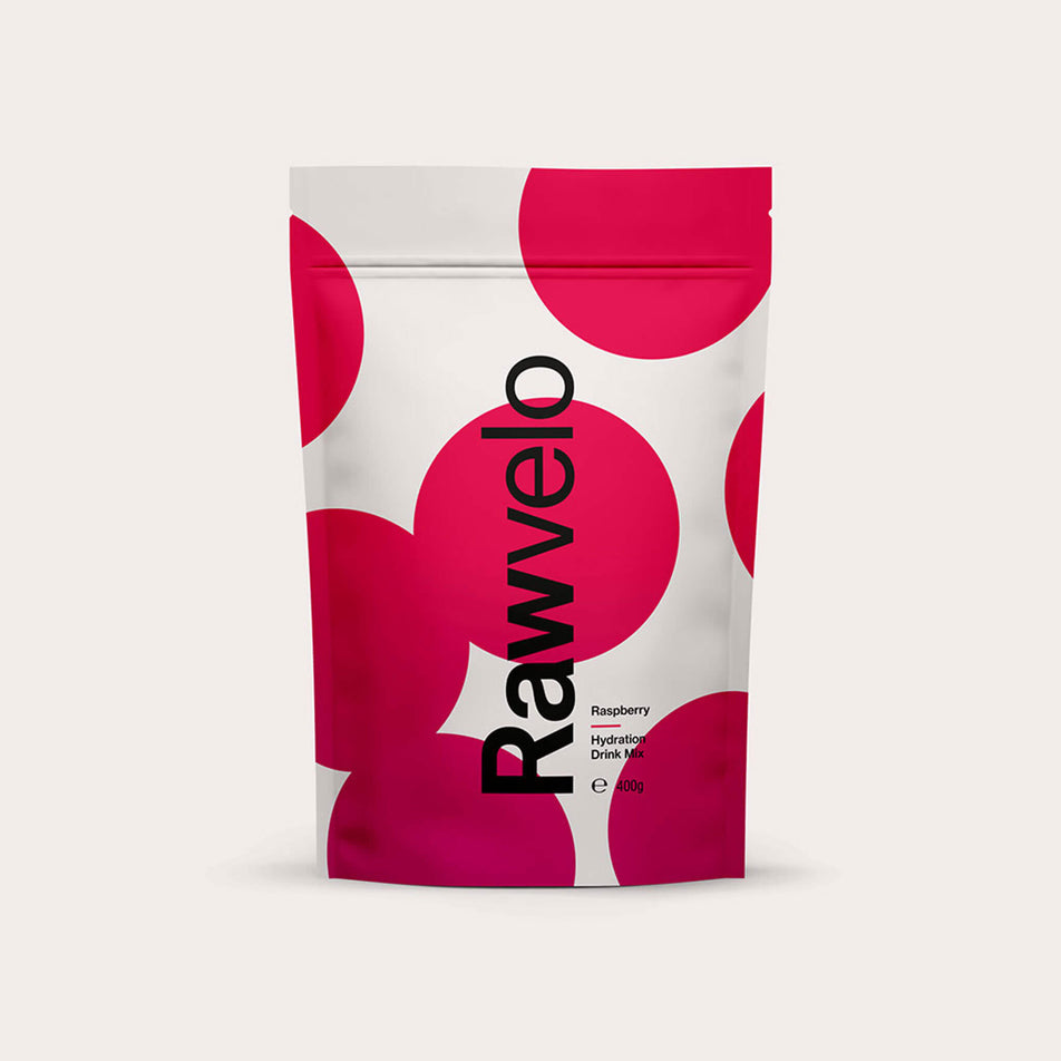 Front of a Rawvelo Hydration Drink Mix 400g Pouch - Raspberry flavour (8482653536418)