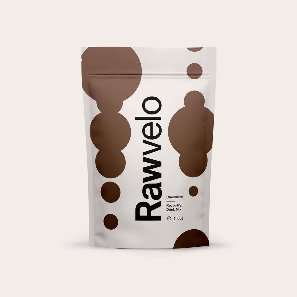 Front of a Rawvelo Vegan Recovery Drink Mix's packaging - 1000g pouch (8482657632418)