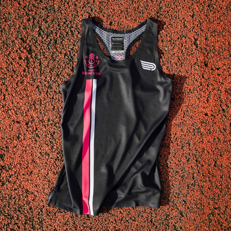 Front view of the Pressio Run4It Run Club Women's Elite Singlet.  (8489118728354)