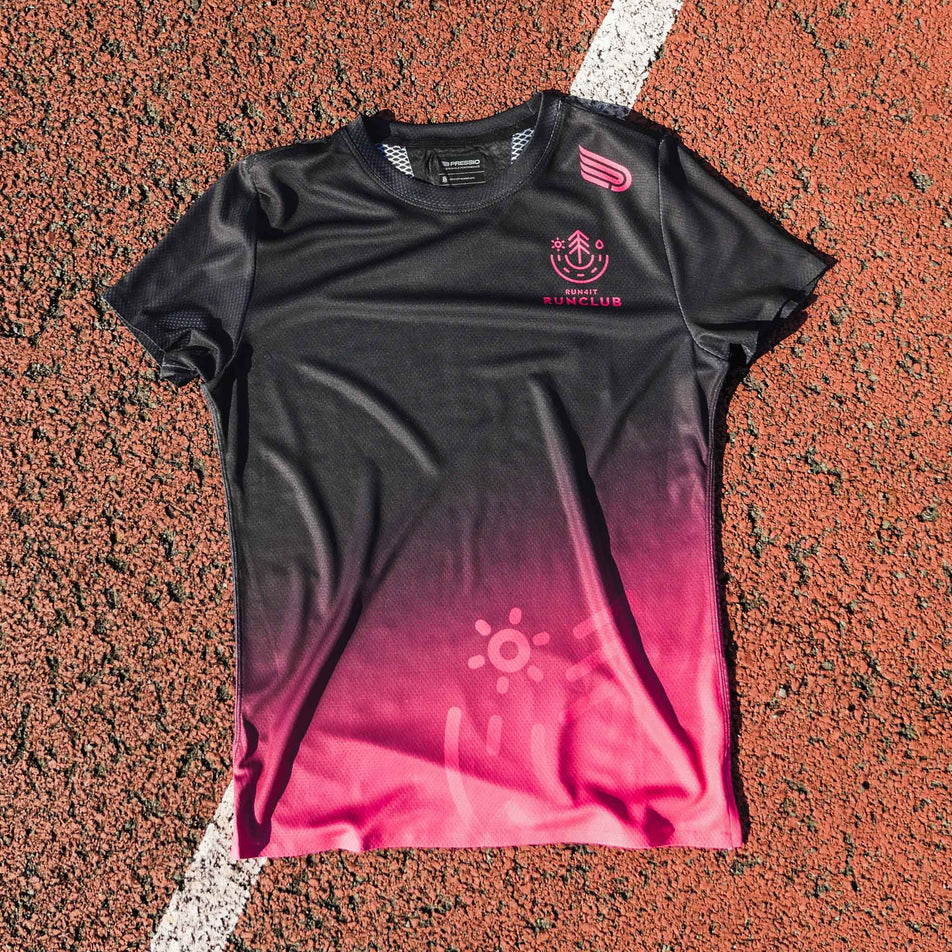 Front view of the Pressio Run4It Run Club Women's Elite Tee.  (8489111388322)