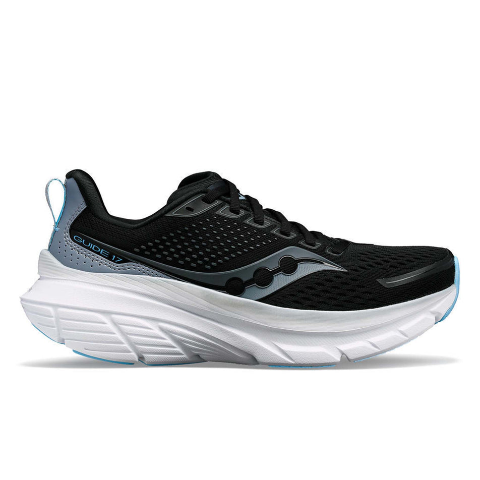 Lateral side of the right shoe from a pair of Saucony Women's Guide 17 Running Shoes in the Black/Fog colourway (8368990257314)