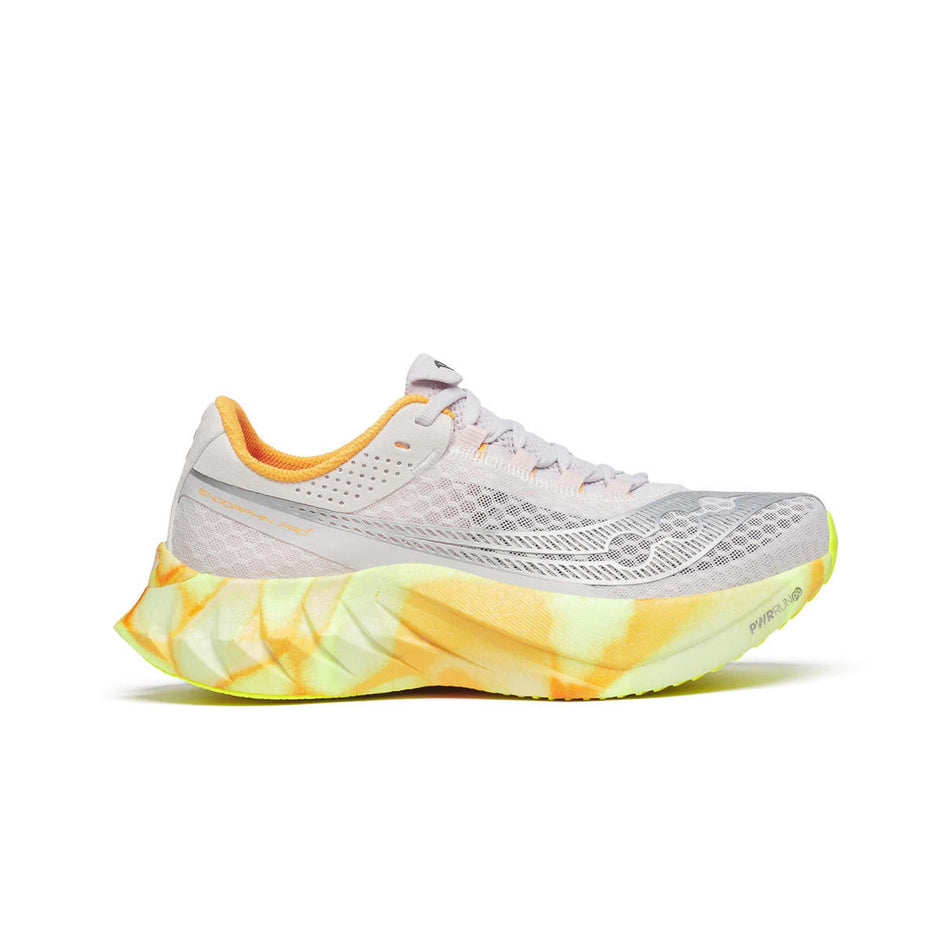 Lateral side of the right shoe from a pair of Saucony Women's Endorphin Pro 4 Running Shoes in the Fog/Peel colourway. (8561713938594)