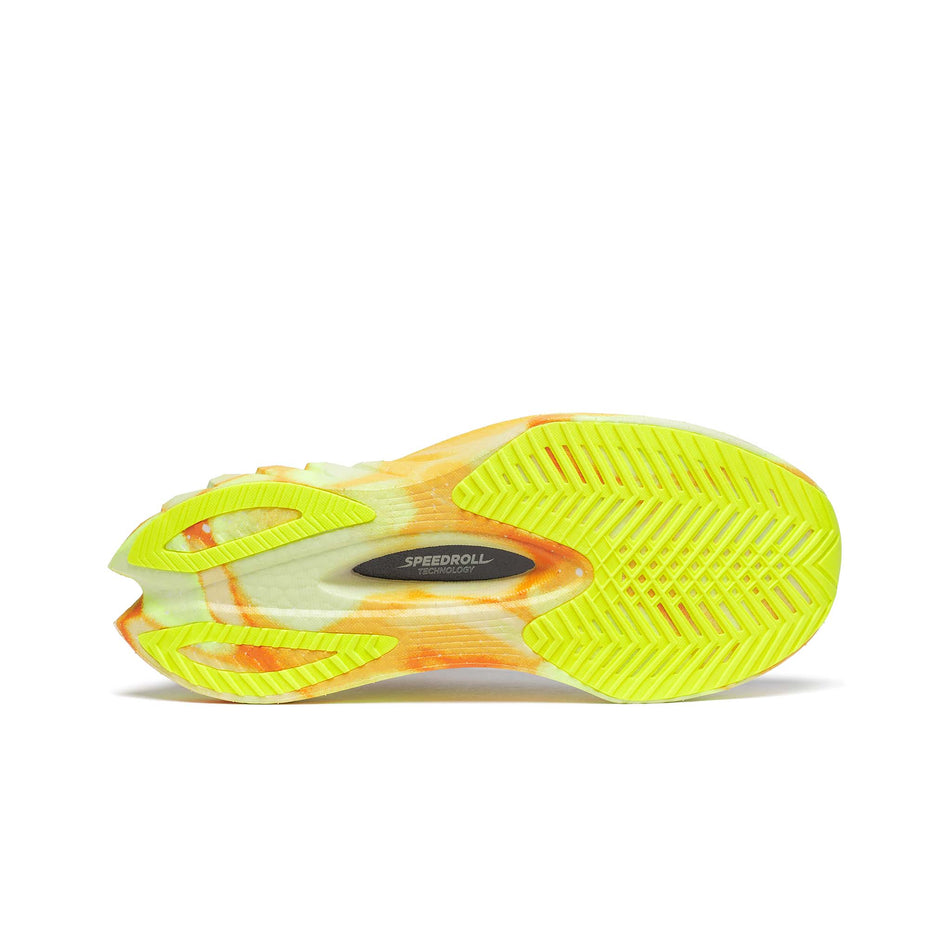 The outsole of the right shoe from a pair of Saucony Women's Endorphin Pro 4 Running Shoes in the Fog/Peel colourway. (8561713938594)