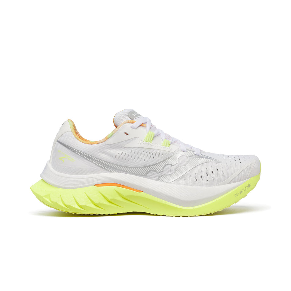 Lateral side of the right shoe from a pair of Saucony Women's Endorphin Speed 4 Running Shoes in the White/Sunny colourway. (8559391080610)